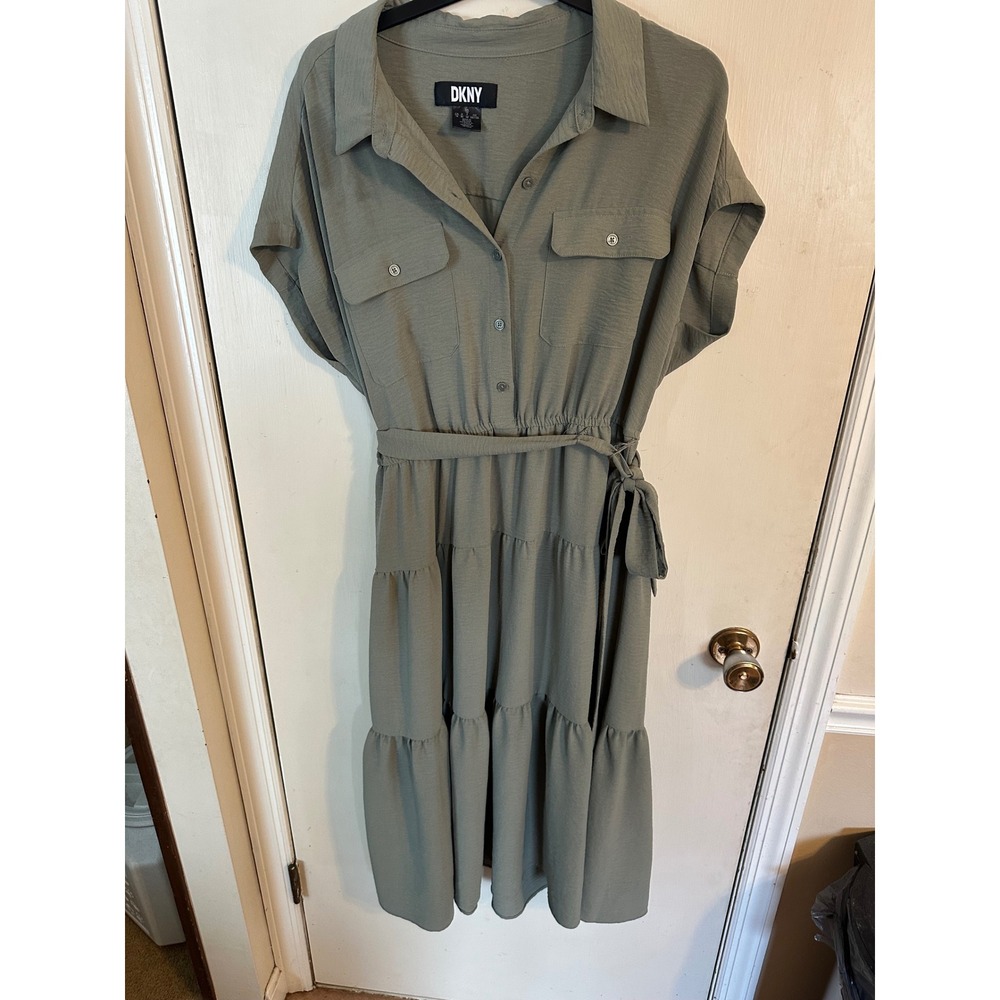 DKNY Tiered Midi Shirt Dress Cottagecore Sage Green Gorpcore Boho Woman Size 16